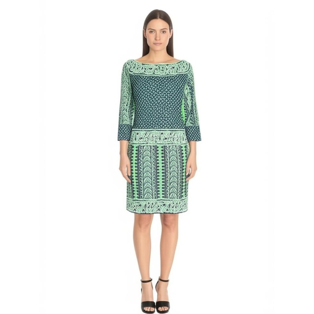 Gretchen Scott Designs Navy and Mint Green Long Sleeve Printed Shift Dress